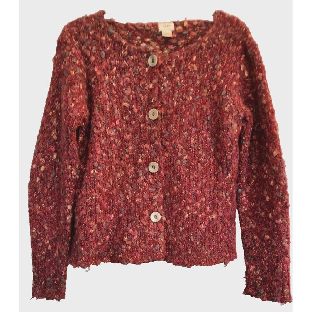 Alps Women's Textured Fuzzy Button Down Cardigan Sweater Berry Red Donegal Med